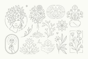 Monochrome simple logo esoteric botanical feminine collection linear emblem for decorative design vector