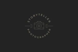 Line art monochrome simple photo camera with glow lens circle logo with place for text vector