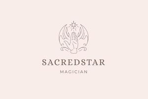 Magic hand open palm with half moon and bright shining star botany design line art logo vector