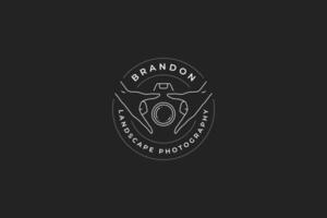 Minimalist human hands holding camera lens shutter circle line art logo with place for text vector