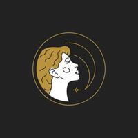 Abstract esoteric woman head with stars half moon at golden circle frame minimalistic linear logo vector