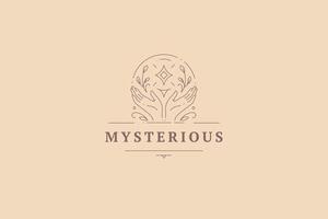 Mythic open human palms glow gem diamond at circle botanical spring blossom frame line logo vector
