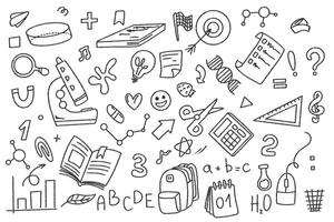 Set of doodle elements back to school. White student stationery on a dark background. School and Education supplies in sketch style. graphics vector