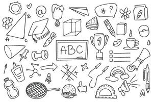 Set of doodle elements back to school. White student stationery on a dark background. School and Education supplies in sketch style. graphics vector