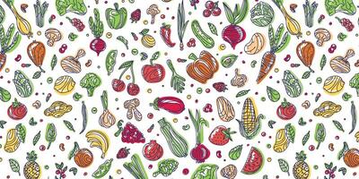 Vegetables and fruits in color. Seamless hand drawn doodle pattern on dark background. Illustration for background, card, poster, banner, textile print, cover, web design. Eat healthy. icons. vector