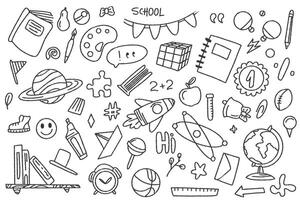 Set of doodle elements back to school. White student stationery on a dark background. School and Education supplies in sketch style. graphics vector