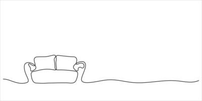 Solid linear drawing of a sofa with pillows in one line. Furniture for relaxation. Minimalist line style vector