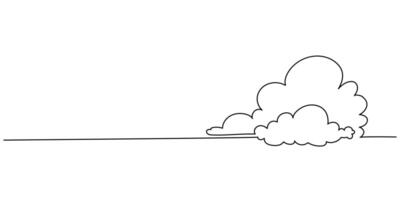 One solid line drawing of clouds in the sky on a white background. Weather symbol and storage concept in simple linear style. Doodle illustration vector