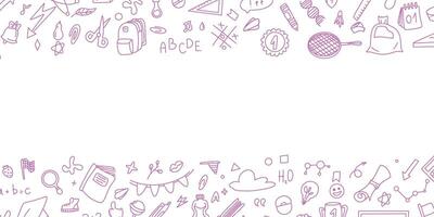 Back to school text frame in doodle style. Hand drawn set of book doodle elements, education symbols. Framework for social networks. Invitation to meetings. Stationery doodles vector