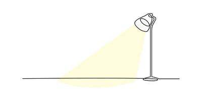 Room floor lamps Continuous line. One line drawing of a home furniture object to illustrate interior design. Line art object. A lampshade in a linear style with a light effect. vector
