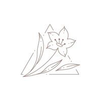 Simple romantic linear natural flower with petals, stem and leaves at triangle decorative frame logo vector