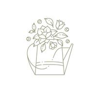 Beauty bouquet with chamomile and lotus decorated by leaves and berries and rustic watering can vector