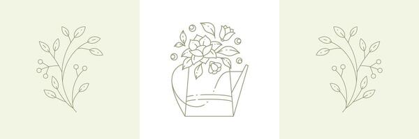 Linear simple flower bouquet with lotus in watering can and cranberry, lingonberry branches berries vector