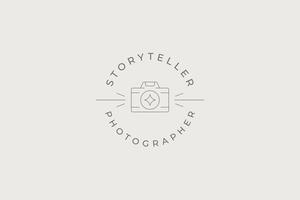 Line art monochrome simple photo camera with glow lens circle logo with place for text vector