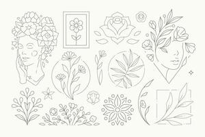 Abstract botanical flower decorative elements monochrome set illustration. Line simple decor vector