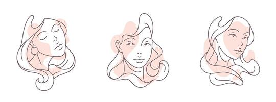 Set hand drawn abstract minimalistic woman portrait continuous line pastel spot icon vector