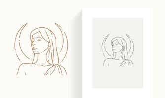 Linear simple hand drawn medieval goddess woman with half moon frame icon set illustration vector