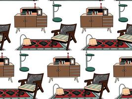 Seamless pattern, hand-drawn in on the theme of interior design, armchair, floor lamp, chest of drawers. Drawn in in different colors. For printing on paper and fabric, interior design vector