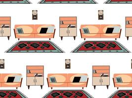 Seamless pattern, hand drawn in on the theme of interior design, pink sofa, bookcase, patterned carpet. Drawn in in different colors. For printing on paper and fabric, interior design vector
