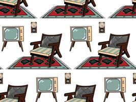 Seamless pattern, hand-drawn in on the theme of living room design, armchair, TV, wall clock. Drawn in in different colors. For printing on paper and fabric, interior design vector