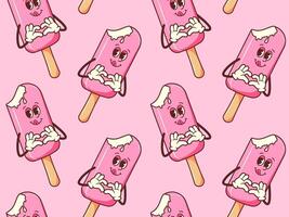 Vintage ice cream in Retro style seamless pattern. Groovy vintage character summer sweetness for packaging, paper, background vector