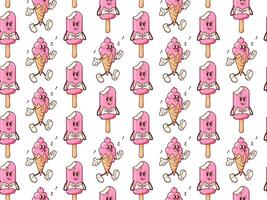 Vintage ice cream in Retro style seamless pattern. Groovy vintage character summer sweetness for packaging, paper, background vector