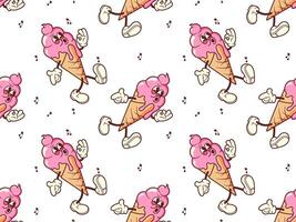 Vintage ice cream in Retro style seamless pattern. Groovy vintage character summer sweetness for packaging, paper, background vector