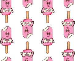 Vintage ice cream in Retro style seamless pattern. Groovy vintage character summer sweetness for packaging, paper, background vector