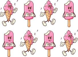 Vintage ice cream in Retro style seamless pattern. Groovy vintage character summer sweetness for packaging, paper, background vector
