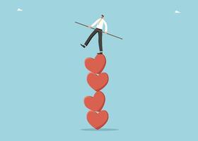 Man balancing on stack of hearts vector
