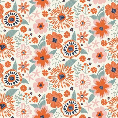 Floral Seamless Pattern in Flat Style six colors orange, green, pink, navy blue on white. Repeat Wallpaper Print Texture. Perfectly for Wrapping Paper, Textile, Fabric, Decor Ornament.