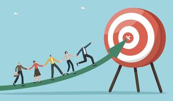 Team walks along arrow to target on dart board vector
