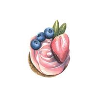 Cupcake with pink cream, strawberries and blueberries. Watercolor illustration. An isolated object from a large set of SWEETS. For decoration and design, postcard compositions, packaging, menu, logo. vector