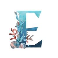 Capital letter E, part of the Latin alphabet decorated in a wet theme with corals, shells, algae, bubbles, blue and coral colors. Hand drawn watercolor illustration. Element isolated from background. vector