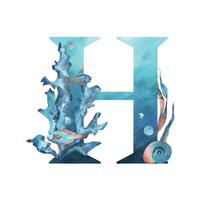 Capital letter H, part of the Latin alphabet decorated in a wet theme with corals, shells, algae, bubbles, blue and coral colors. Hand drawn watercolor illustration. Element isolated from background. vector