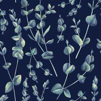 Eucalyptus branches on a dark background. watercolor illustration. Seamless pattern from the WEDDING FLOWERS collection. For decoration and design of fabric, textiles, wallpaper, decor. vector