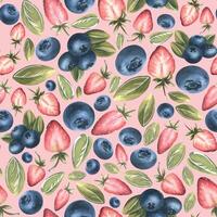 Strawberries and blueberries with leaves on a pink background. Watercolor illustration. Seamless pattern from a large set of SWEETS. For decoration and design of fabrics, textiles kitchen accessories. vector