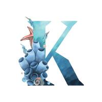 Capital letter K, part of the Latin alphabet decorated in a wet theme with corals, shells, algae, bubbles, blue and coral colors. Hand drawn watercolor illustration. Element isolated from background. vector