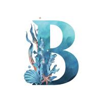 Capital letter B, part of the Latin alphabet decorated in a wet theme with corals, shells, algae, bubbles, blue and coral colors. Hand drawn watercolor illustration. Element isolated from background. vector