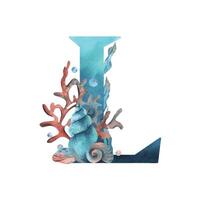 Capital letter L, part of the Latin alphabet decorated in a wet theme with corals, shells, algae, bubbles, blue and coral colors. Hand drawn watercolor illustration. Element isolated from background. vector