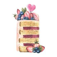 A piece of cake decorated with a heart-shaped lollipop, strawberries and blueberries and cream. Watercolor illustration. A composition of a large set of SWEETS. For the design and decoration vector