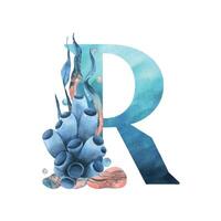 Capital letter R, part of the Latin alphabet decorated in a wet theme with corals, shells, algae, bubbles, blue and coral colors. Hand drawn watercolor illustration. Element isolated from background. vector