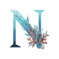 Capital letter N, part of the Latin alphabet decorated in a wet theme with corals, shells, algae, bubbles, blue and coral colors. Hand drawn watercolor illustration. Element isolated from background. vector