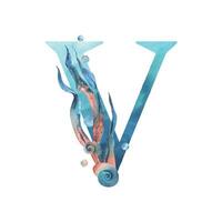 Capital letter V, part of the Latin alphabet decorated in a wet theme with corals, shells, algae, bubbles, blue and coral colors. Hand drawn watercolor illustration. Element isolated from background. vector