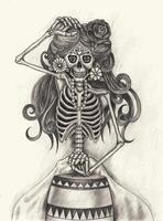 Sugar skull playing drum day of the dead design by hand drawing on paper. vector