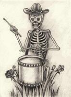 Sugar skull playing drum day of the dead design by hand drawing on paper. vector