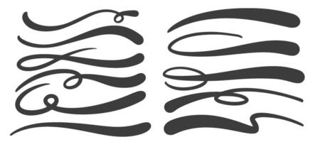 Swoosh and swish underlines. Hand drown swirl swashes. Curly strokes with squiggle tails. Elegant calligraphic decorative elements. Flourish vintage shapes vector