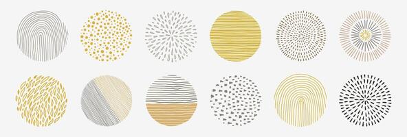 Abstract line pattern circle set. Hand drawn texture, doodle decorative line, spiral, scribble graphic round element. Circle drawn brush grunge texture. vector