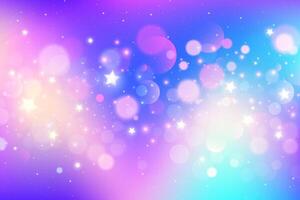 Rainbow background with stars and bokeh. Glitter cute rainbow sky. Magic pastel galaxy with fantasy sparkles. Abstract holographic space and iridescent gradient. vector