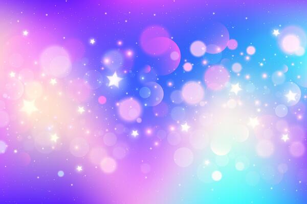 Rainbow background with stars and bokeh. Glitter cute rainbow sky. Magic pastel galaxy with fantasy sparkles. Abstract holographic space and iridescent gradient.
